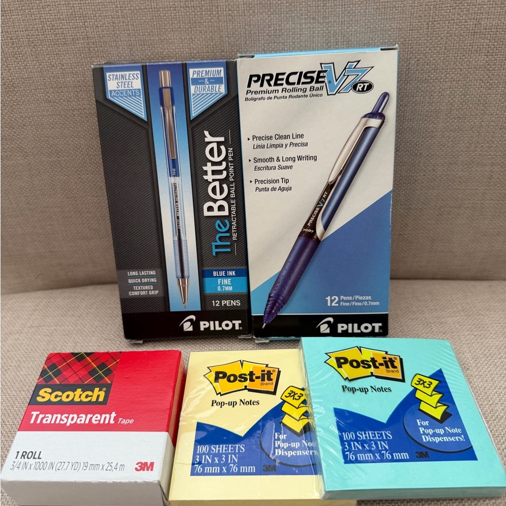 Stationery Set 14 Blue Ink Pilot Pens, 2 Sticky Notes & 1 Tape Refill
